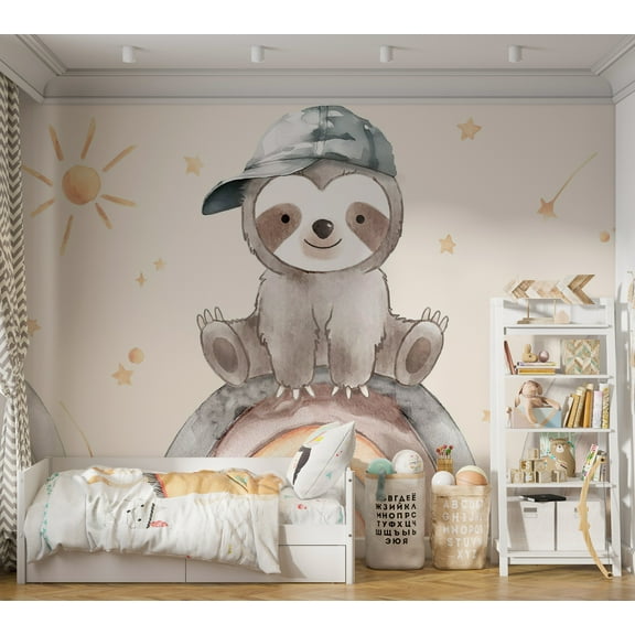 Kids Wallpaper Wall Mural - Little Sloth on a Rainbow