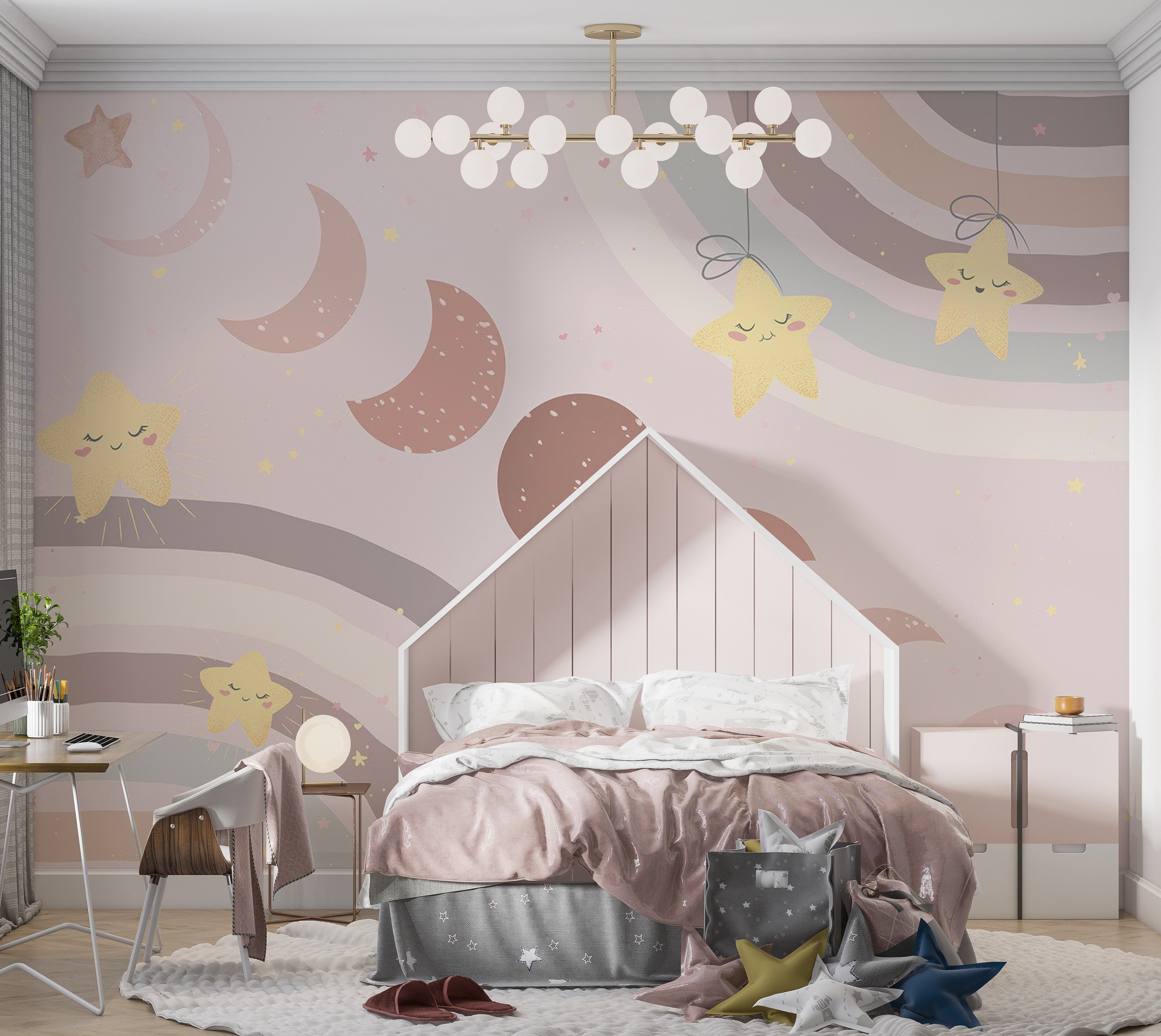 Kids Wallpaper Wall Mural - Moon Among Stars and Rainbows - Walmart.com