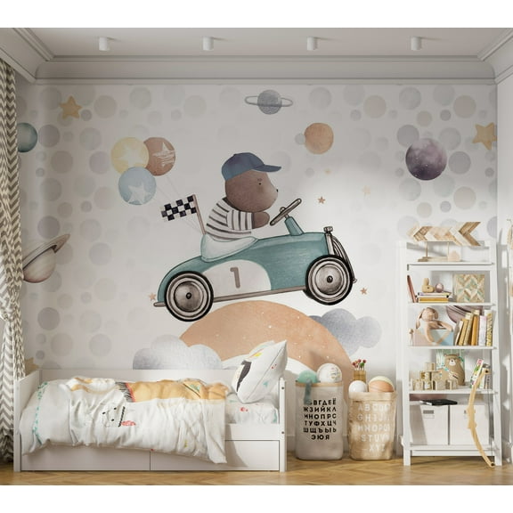 Kids Wallpaper Wall Mural - Teddy Bear in a Racing Car