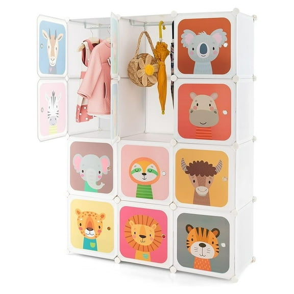 Kids Wardrobe Closet, Baby Clothes Storage Organizer, 12 Cubes & 2 Hanging Sections, Portable Children DIY Modular Bedroom Armoire Dresser Cabinet for Boys Girls (White)