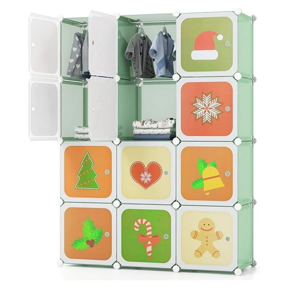 Kids Wardrobe Closet, Baby Clothes Storage Organizer, 12 Cubes & 2 Hanging Sections, Portable Children DIY Modular Bedroom Armoire Dresser Cabinet for Boys Girls (Green)