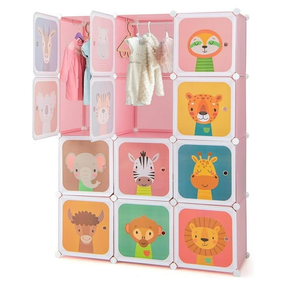 Kids Wardrobe Closet, Baby Clothes Storage Organizer, 12 Cubes & 2 Hanging Sections, Portable Children DIY Modular Bedroom Armoire Dresser Cabinet for Boys Girls (Pink)