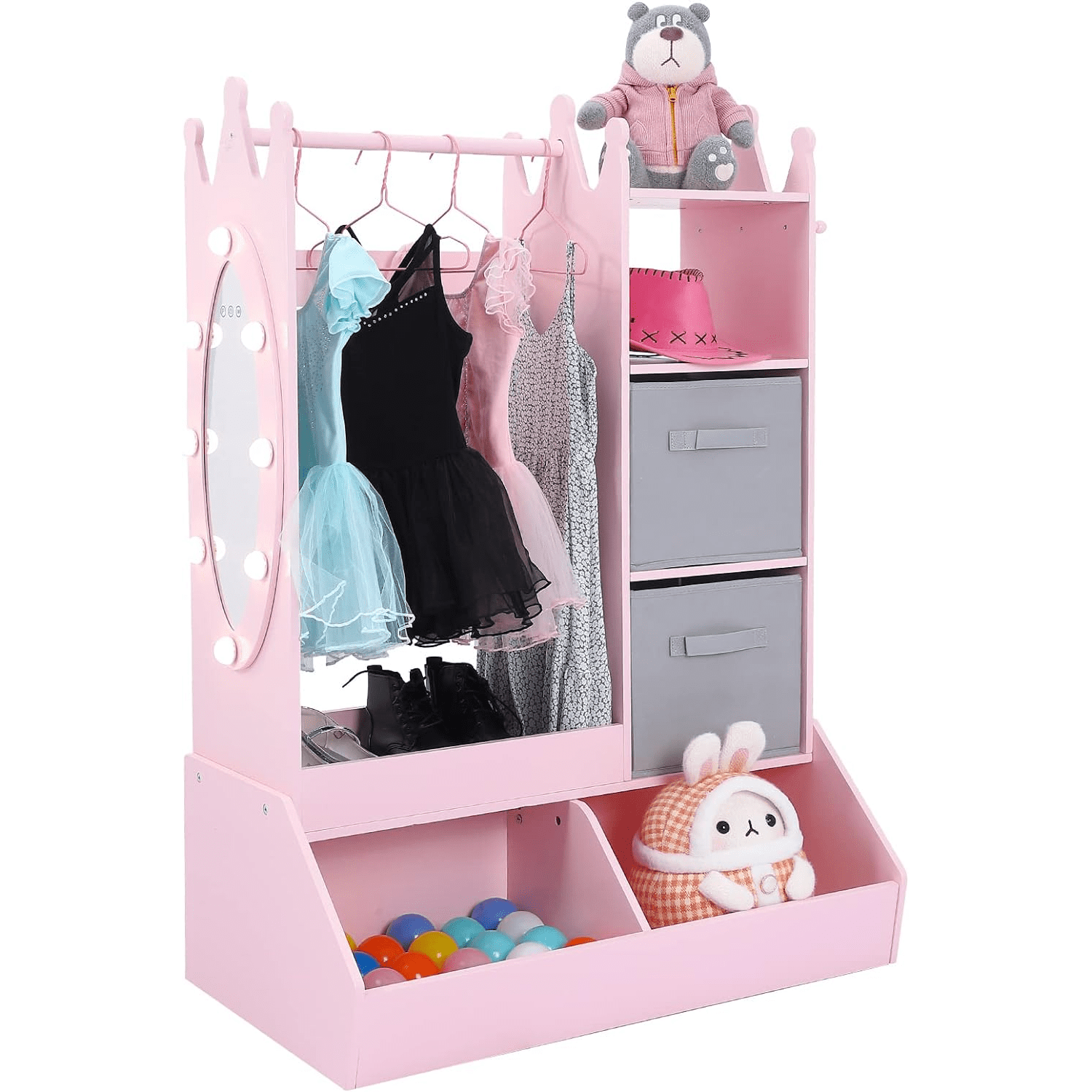 Kids Wardrobe Closet with Light & Mirror Kids Armoire with Storage Bin ...