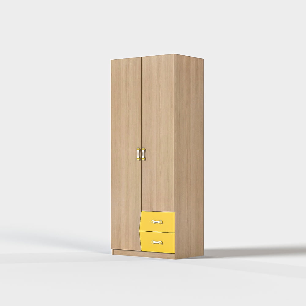 Kids Wardrobe with Double Doors and 2 Drawers, Children's Clothes Storage Cabinet with Hanging Space and Shelves, Wooden Closet Organizer for Bedroom, Nursery and Playroom