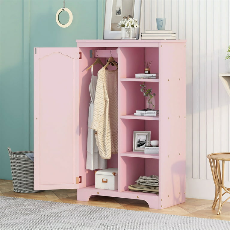 Kids Wardrobe Floor Cabinet, Wooden Freestanding Storage Cabinet with 1  Doors, Shelf and a Clothes Rail, Side Storage Organizer for Living Room  Bedroom Hallway, 31.3x16x51, Easy Assembly, Pink 