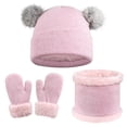 thumbnail image 1 of Kids' Warm Beanie Hat with Pom Poms Snood Gloves Knitted Cotton Lined Fleece Set for Kids Aged Six to thirteen Pink 150, 1 of 5