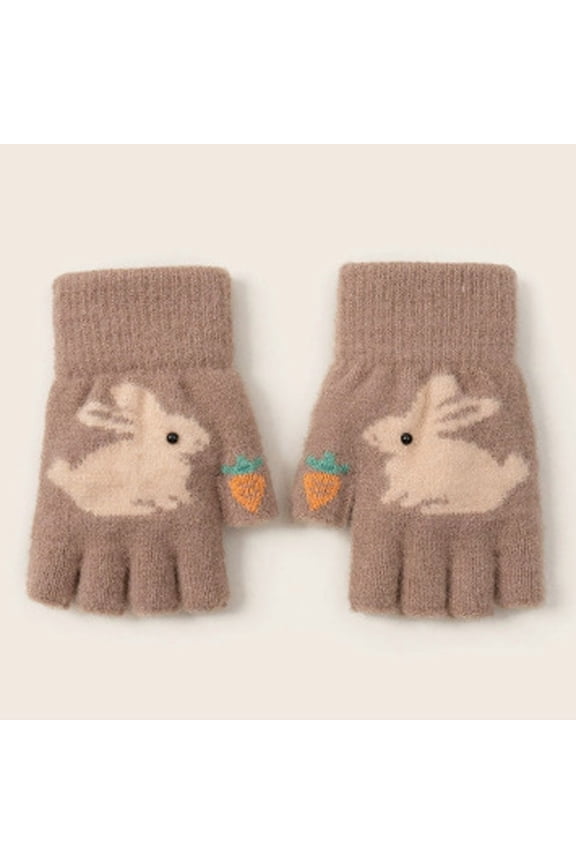 Kids Warm Gloves Warm Cute Bunny Half Finger Knit Glovers Touchscreen Casual Comfort Kids Mittens Brown One Size