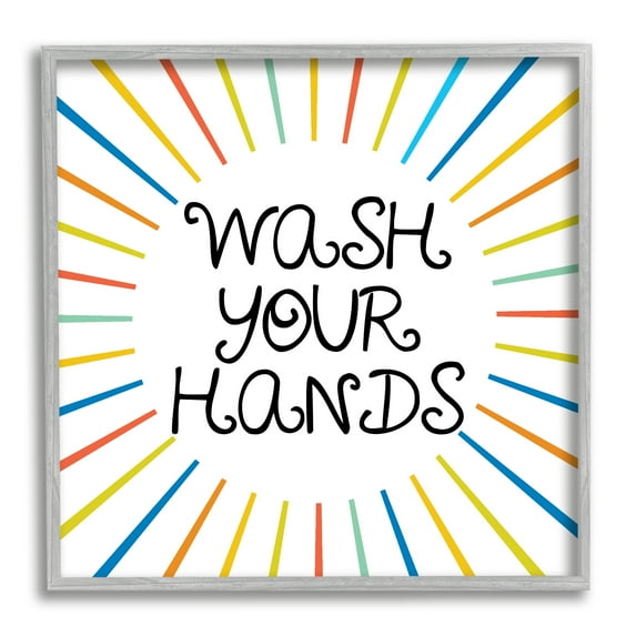 Kids' Wash Your Hands Bathroom Rules Rainbow Stripes Typography Framed Art Print Wall Art, 17x17