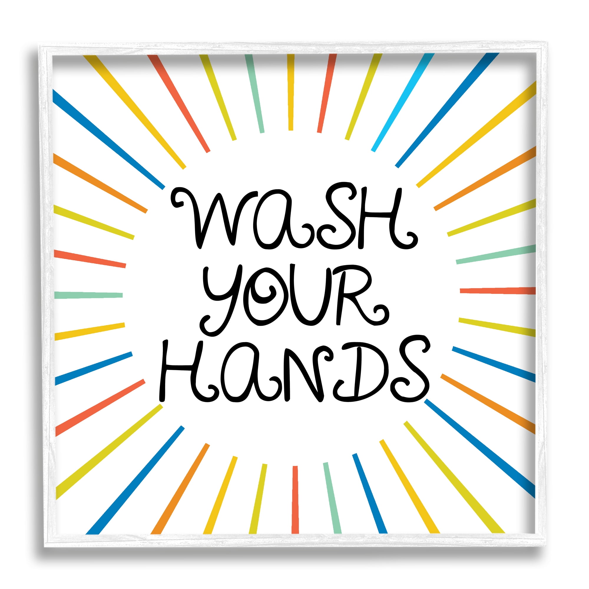 Kids' Wash Your Hands Bathroom Rules Rainbow Stripes Typography Framed Art Print Wall Art, 17x17