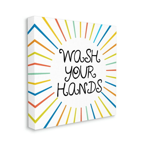 Kids' Wash Your Hands Bathroom Rules Rainbow Stripes Typography Gallery-Wrapped Canvas Print Wall Art, 17x17
