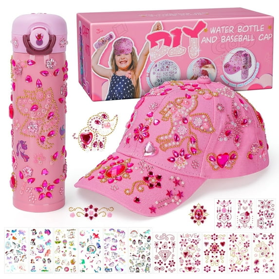 Kids Water Bottle and Baseball Cap for 3-12 Girls, Gifts for Girls Age 5 6 7 8 9 10 11 Years Old Birthday Presents DIY Crafts Set for Kids, Decorate Your Own Water Bottle with Glitter Gem Stickers
