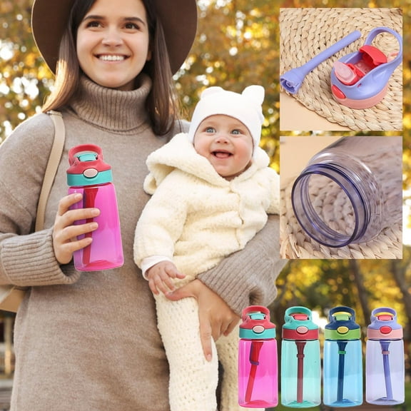 Kids Water Bottle for School,Plastic Kids Water Bottle with Straw and Built-in Carrying Handle and Leak-Proof Locking Lid for School and Outdoor Sports(Pink 16oz 6*3in)from ANMUYUM