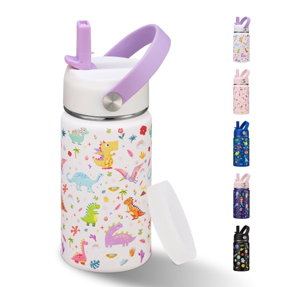 12 oz Kids Insulated Water Bottle with Straw, Leakproof, BPA Free, Stainless Steel Double Wall Vacuum Cup for School Boy Girl, Modern White Dinosaur