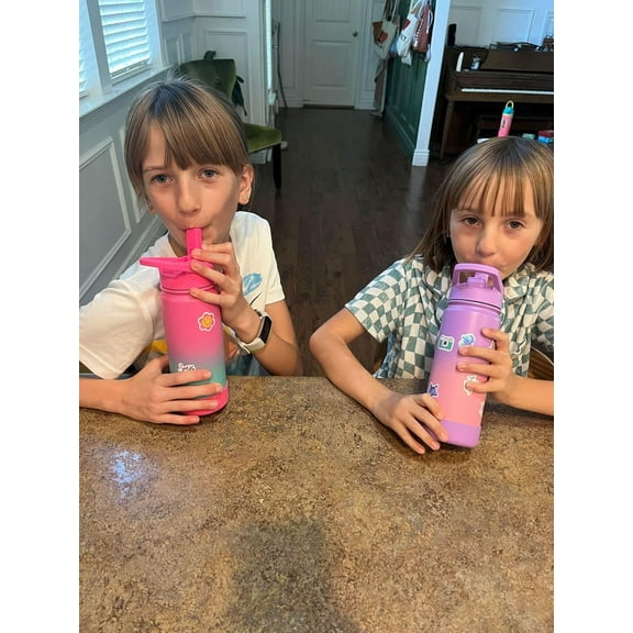 Kids Water Bottle for School, 16oz Stainless Steel Insulated with Straw Lid (2 Pack)