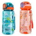 thumbnail image 1 of Kids Water Bottle for School or Travel,2 Pack Durable Plastic Water Bottle with Silicone Straw and Pop-Up Spout Cover, Dishwasher Safe - Green+Orange, 1 of 5