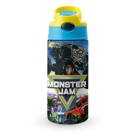 Kids Water Bottle with Covered Pop-Up Straw Monster Truck Jam Insulated Stainless Steel Cup for Girls Boys