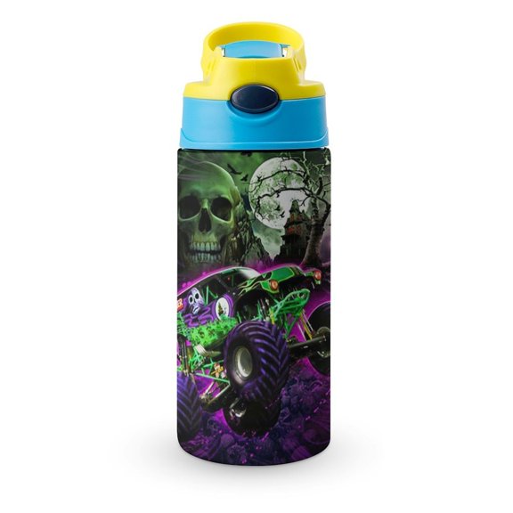 Kids Water Bottle with Covered Pop-Up Straw Monster Truck Jam Insulated Stainless Steel Cup for Girls Boys