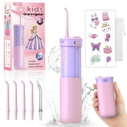 JTF Kids Water Dental Flosser for Ages 6+ with 5 Nozzles, Fun Stickers and Travel Bag, 4 Modes IPX7 Waterproof 230ML Telescopic Tank Portable Cordless Water Flosser Rechargeable for Boys and Girls