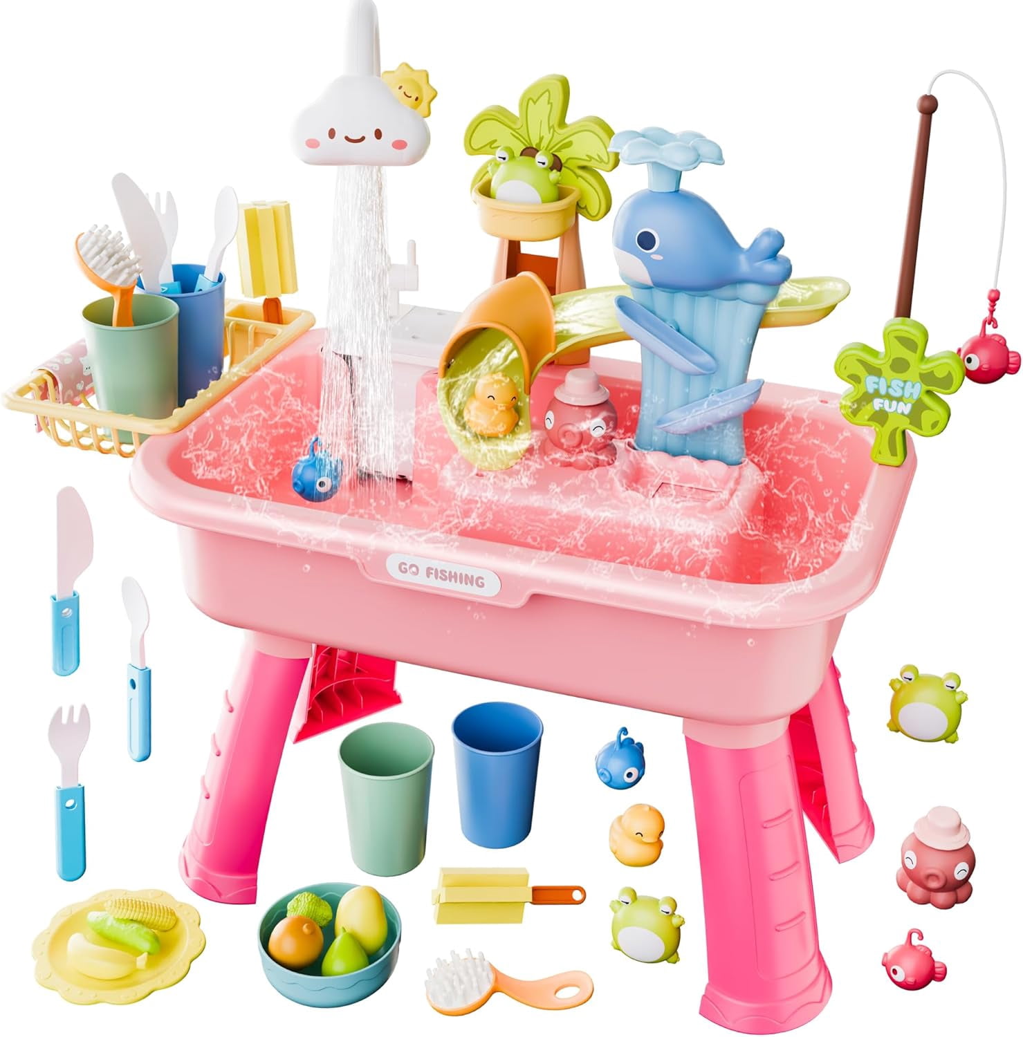 Kids Water Table Play Set with Electric Water Pump, Faucet, Fishing Game and Kitchen Accessories for Ages 3+