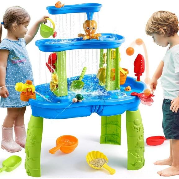 Kids Water Table for Toddlers 3-5,3-Tier Splashing Sand Water Table Toys with Accessories,Activity Sensory Play Table for Summer Beach Backyard,Outdoor Toy for Kids Boys Girls Age 3 4 5 6 7 8
