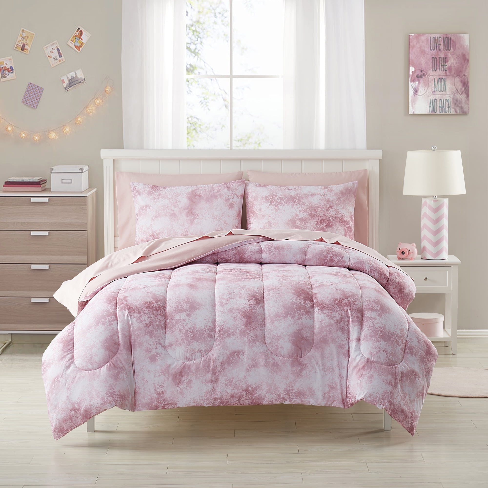 Full Pink and White Tie Dye Microfiber Bed in a Bag Set