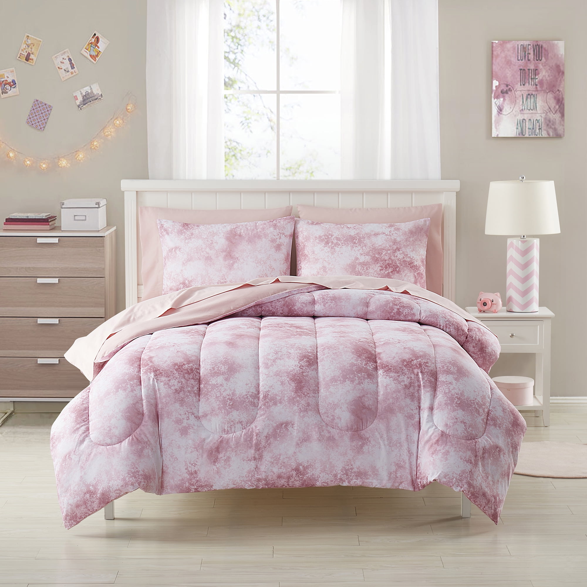 Full Pink and White Tie Dye Microfiber Bed in a Bag Set
