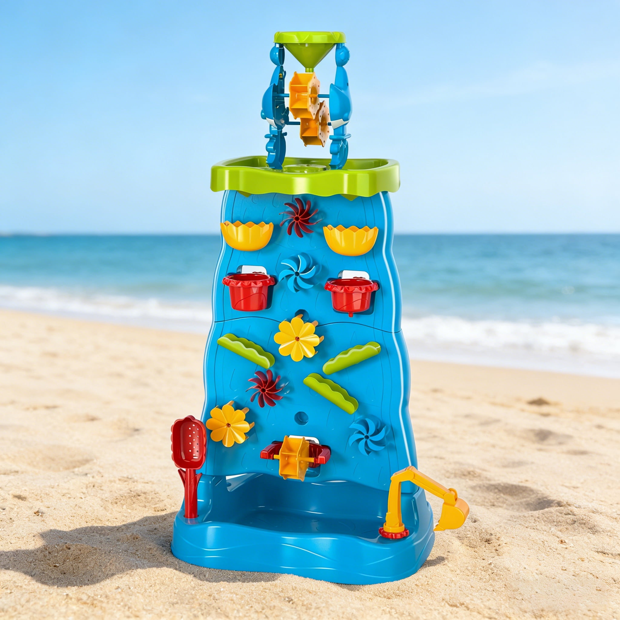 Kids Waterfall Water Table Play Set -Blue- Double-Sided Waterfall Discovery Wall, With Shovels, Buckets, Sea Creatures for Outdoor Backyard Beach Sensory Play, Gift for Boys Girls Age 3+