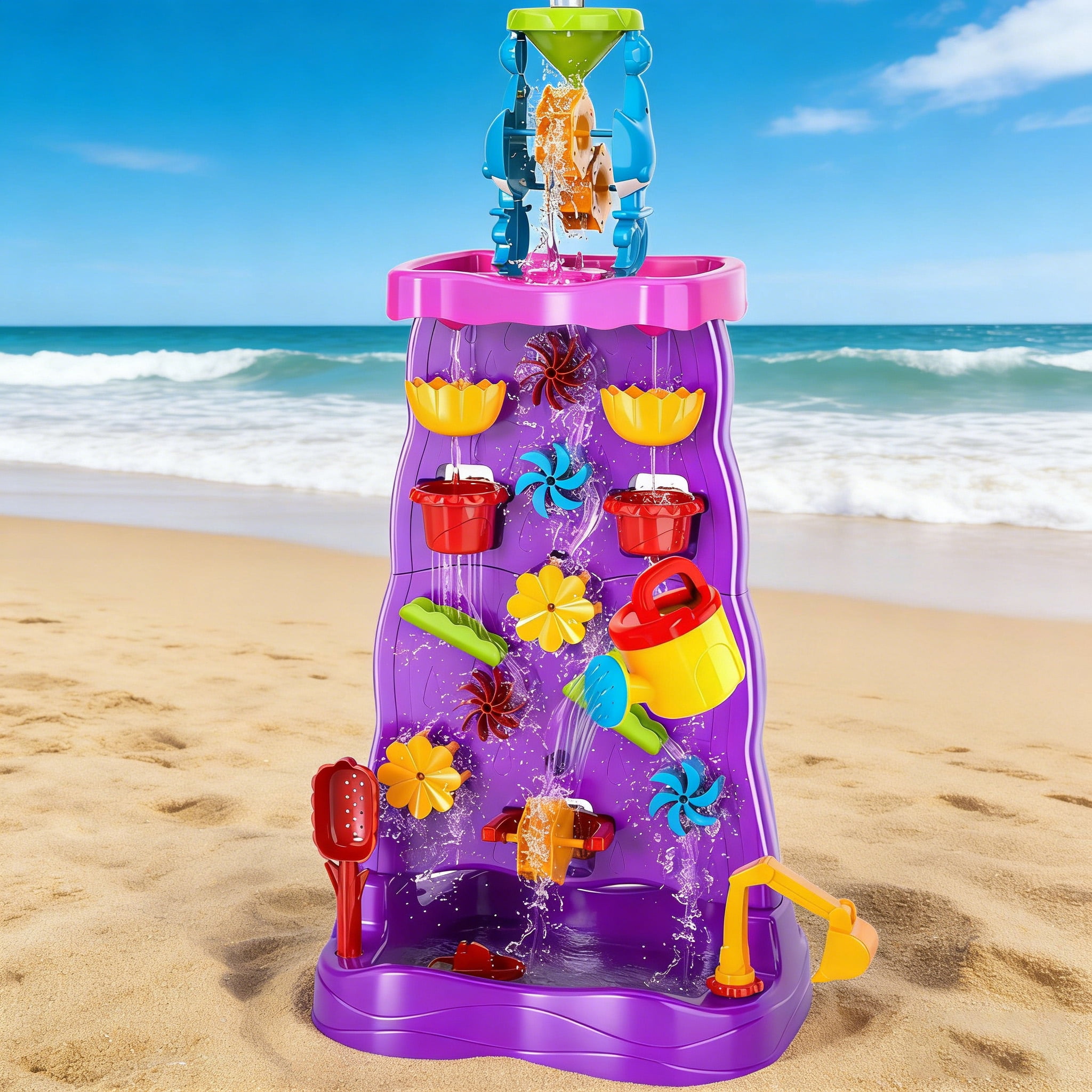Kids Waterfall Water Table Play Set -Purple- Double-Sided Waterfall Discovery Wall, With Shovels, Buckets, Sea Creatures for Outdoor Backyard Beach Sensory Play, Gift for Boys Girls Age 3+