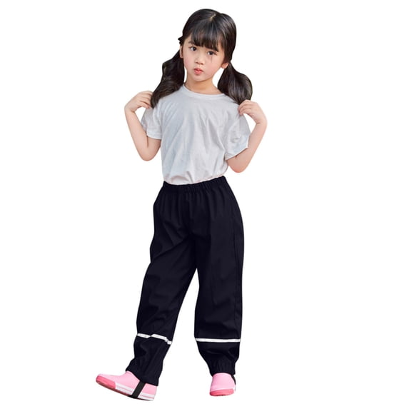 Kids Waterproof Breathable Outdoor Pants, Double Layer Thickened Elastic Cuff Rain Trousers for Boys and Girls Age 2-10, Windproof and Durable for Playground, Hiking, All-Weather Activities - Black