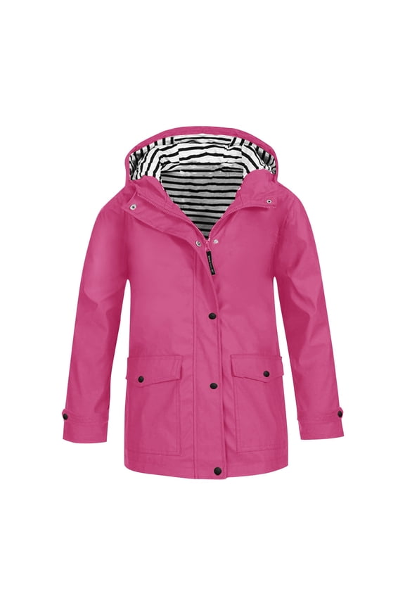 Kids Waterproof Hooded Rain Jacket, Lightweight Windbreaker Jacket Lightweight Waterproof Raincoat Hooded Windbreaker for Kids Girls Solid Color Rain Jacket, Hot Pink 140