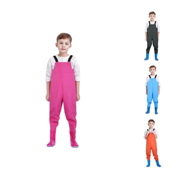Kids Waterproof Overall Waders with Attached Boots, Chest High Fishing Wader Pants for Outdoor Play, Puddle Jumping and Beach