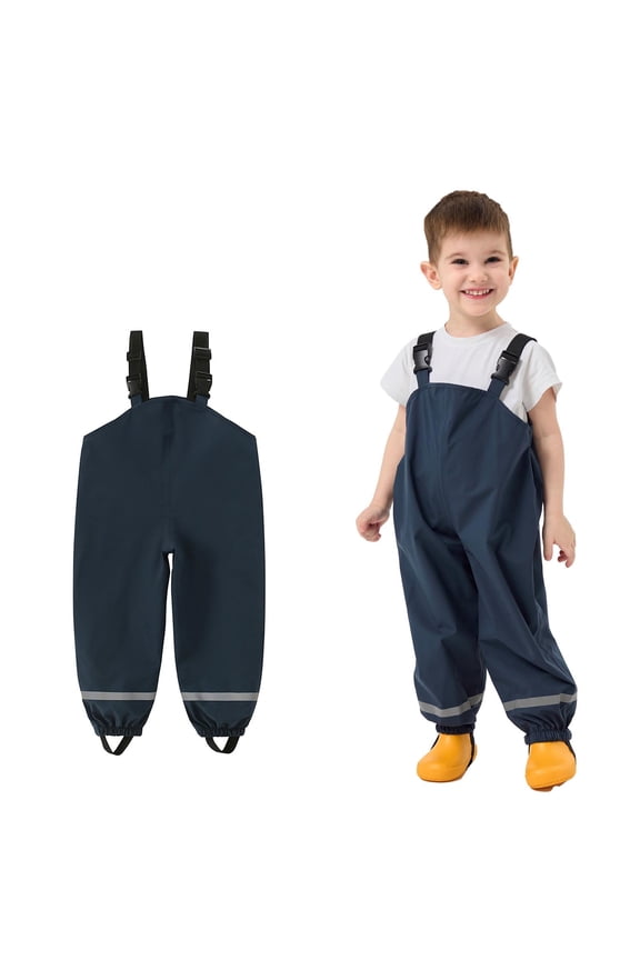 Kids Waterproof Rain Overalls, Adjustable Shoulder Straps, Reflective Strip Cuffed Leg Rain Pants Navy 6Y