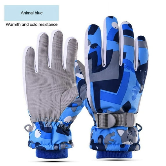 Kids Waterproof Ski Snowboard Gloves, PRAETER Non-Slip Breathable Thinsulate Lined Winter Cold Weather Gloves for Girl, Boy, Blue Animal, M - 9.1" x 3.7"