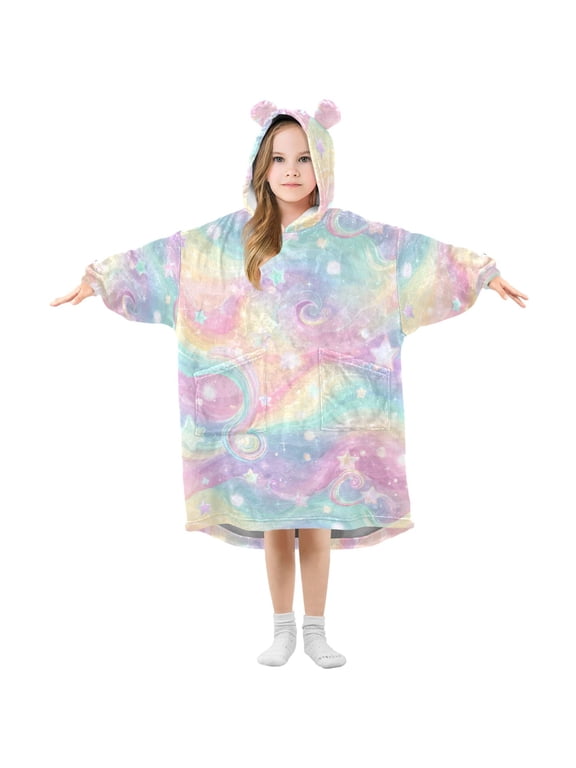 Kids Wearable Blanket Hoodie with 2 Pockets Cute Pastel Rainbow Background Oversize Blankets Sweatshirt for Children Small