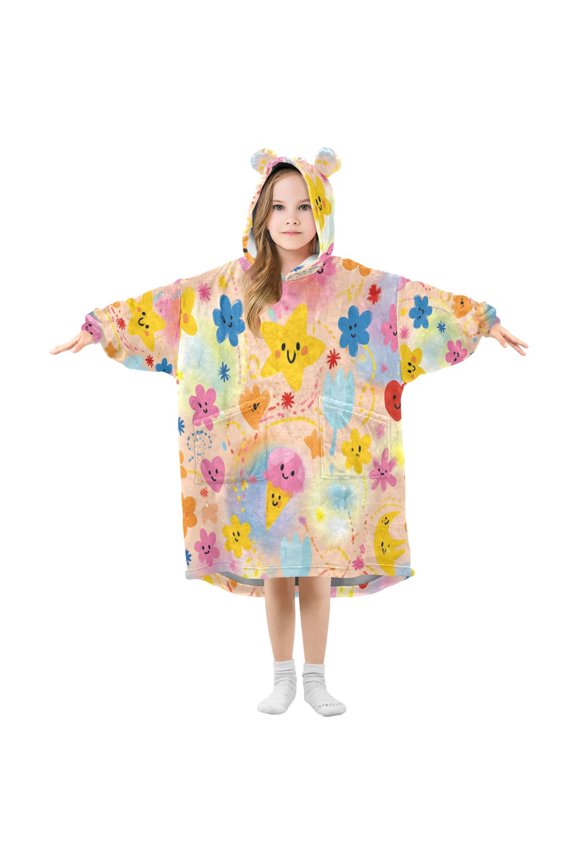 Kids Wearable Blanket Hoodie with 2 Pockets Gradient Smiley Face Oversize Blankets Sweatshirt for Children Small