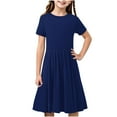 thumbnail image 1 of Kids Wedding Guest Dress Girl's Summer Short Sleeve Midi Dresses Casual Solid Color Crew Neck T-Shirt Dresses Flowy A-Line Beach Sundress New Navy 13T, 1 of 9