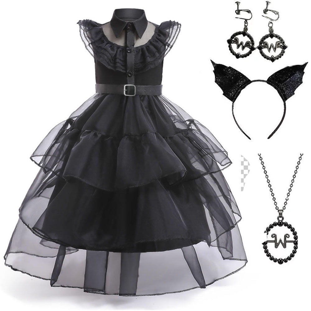 Kids Wednesday Addams Black Dance Dress with Belt Halloween Cosplay Costume