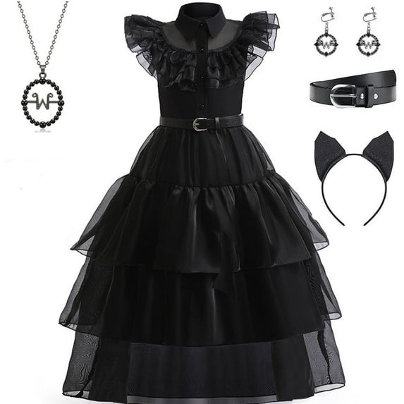 Kids Wednesday Addams Black Tulle Dress Girls School Dance Party Costume