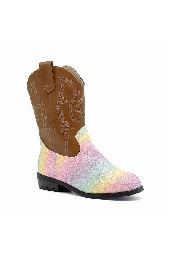 Kids Western Boots for Girls Boys Embroidered Square Toe Cowboy Boot Mid Calf Glitter Cowgirl Boot Side Zipper Shoes