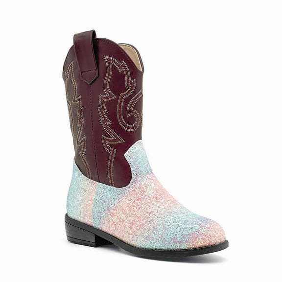 Kids Western Boots for Girls Boys Embroidered Square Toe Cowboy Boot Mid Calf Glitter Cowgirl Boot Side Zipper Shoes