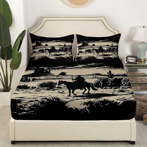 Kids Western Decor Fitted Sheet Wild West Cowboy Bed Sheet Set Full Size for Boys Girls Teens Cactus Bedding Set Black Bed Cover Deep Pocket with 2 Pillow Case