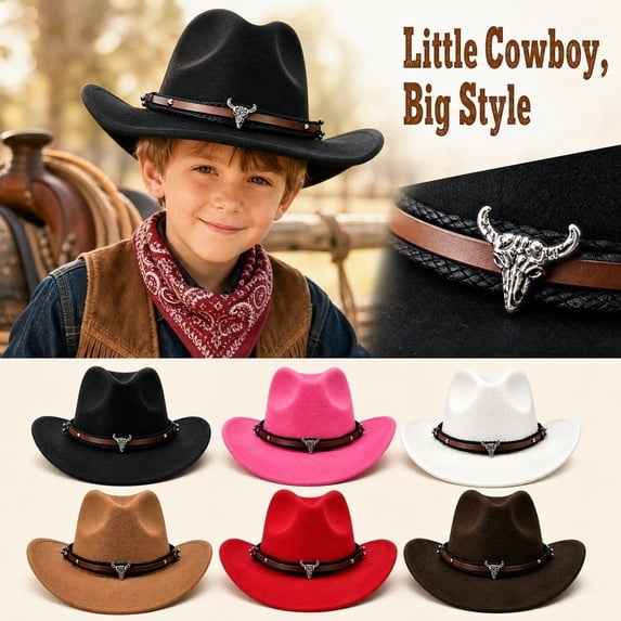 Kids Western Hats Boys Girls Cowboy Leather Buckle Felt Cowgirl Hat Cowboy Red Bandanas,One Size