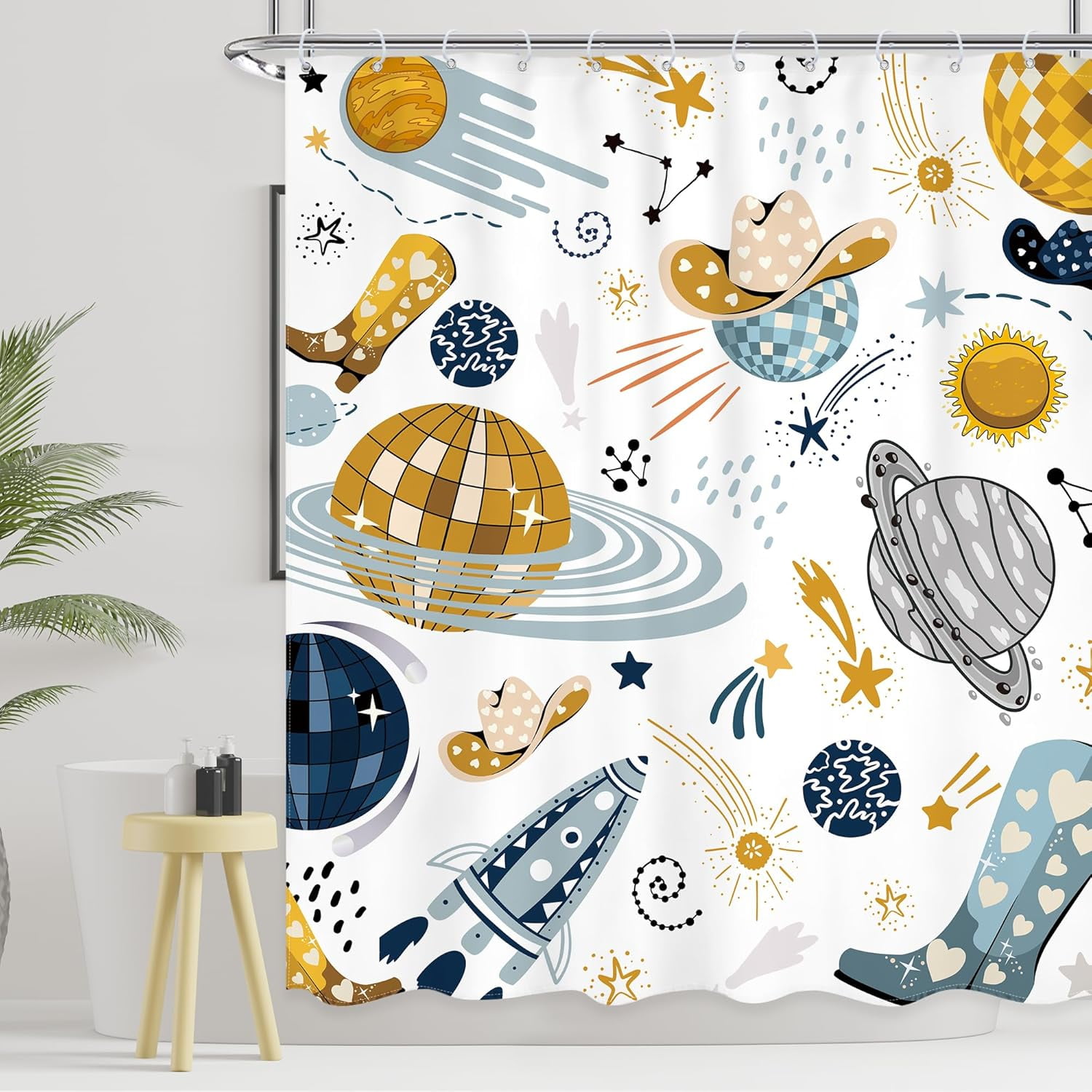 Kids Western Planet Shower Curtain 72Wx72L Inch Boy Disco Outer Space Retro Cool Cowgirl Cowboy Funny Galaxy Universe Wild West Bathroom Set Unique Bath Curtain Bathtub Accessories Home Decor