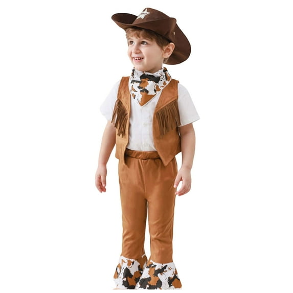 Kids Western Rodeo Cowboy or Cowgirl Classic Set - Vest, Jeans, Brown Hat, Scarf 4PC Outfits (Choose Color and Size)(100 3-4 Years, Z02-Brown)