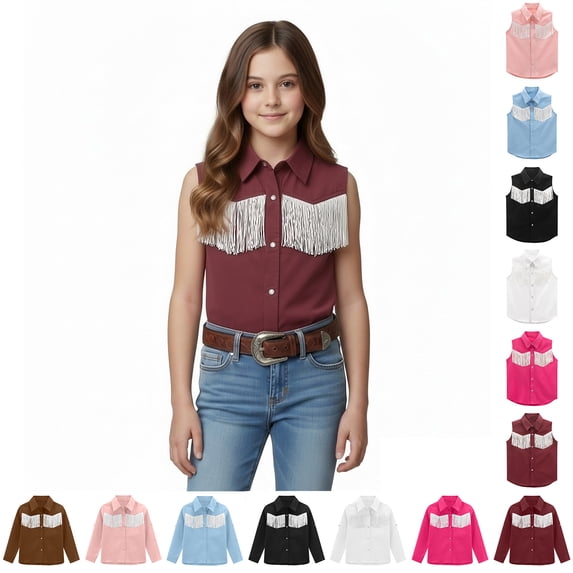 Kids Western Shirt Sleeveless Fringe Girls Button down Shirt Red Cowgirl Shirt Cowboy Outfit for Girls Size 5-14 Years