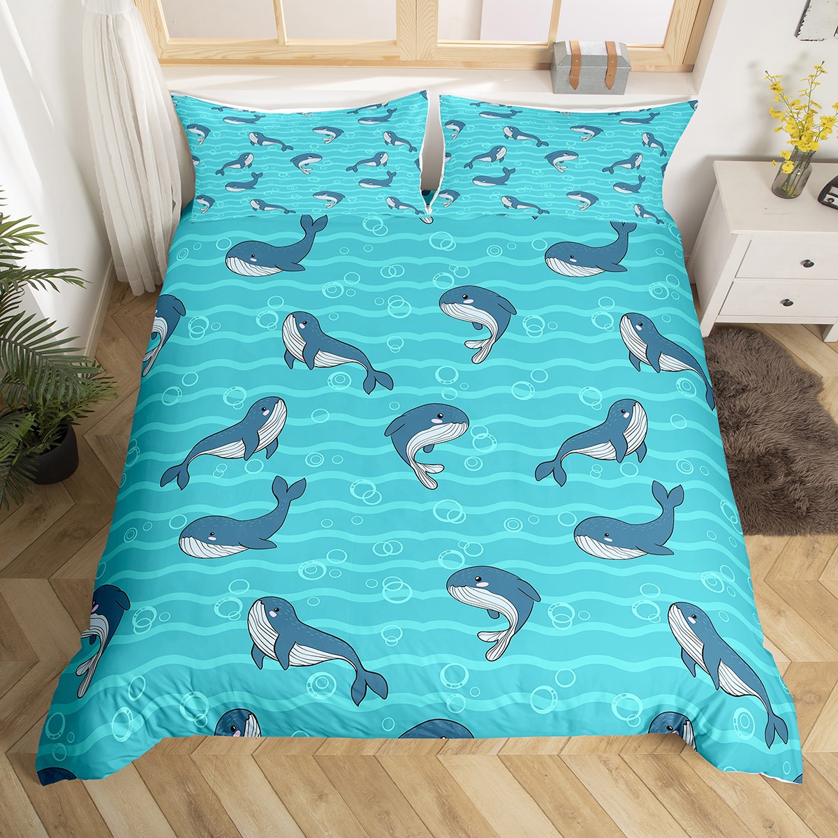 Kids Whale Duvet Cover Twin, Sea Animal Bedding Set, Cute Cartoon Whale