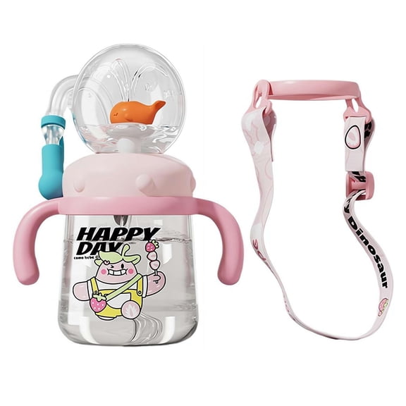 Kids Whale Fountain Tumbler Water Bottle with Straw, Leak Proof Toddler Sippy Cup with Handles & Strap for School Travel