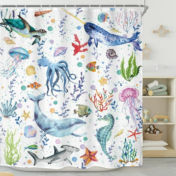 Kids Whale Sea Animal Shower Curtain for Bathroom Decor 72Wx72H Teal Ocean Cartoon Underwater Turtle Octopus Fish Funny Marine Art Printed Fabric Polyester Waterproof 12 Pack Plastic Hooks