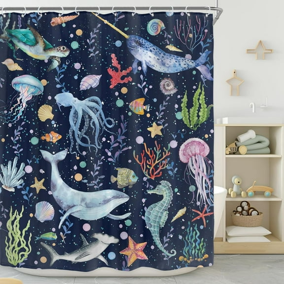 Kids Whale Sea Animal Shower Curtain for Bathroom Decor 84Wx72H Blue Ocean Cartoon Underwater Turtle Octopus Fish Funny Marine Art Printed Fabric Polyester Waterproof 12 Pack Plastic Hooks