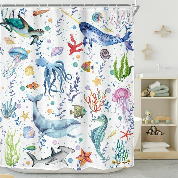 Kids Whale Sea Animal Shower Curtain for Bathroom Decor 84Wx72H Teal Ocean Cartoon Underwater Turtle Octopus Fish Funny Marine Art Printed Fabric Polyester Waterproof 12 Pack Plastic Hooks